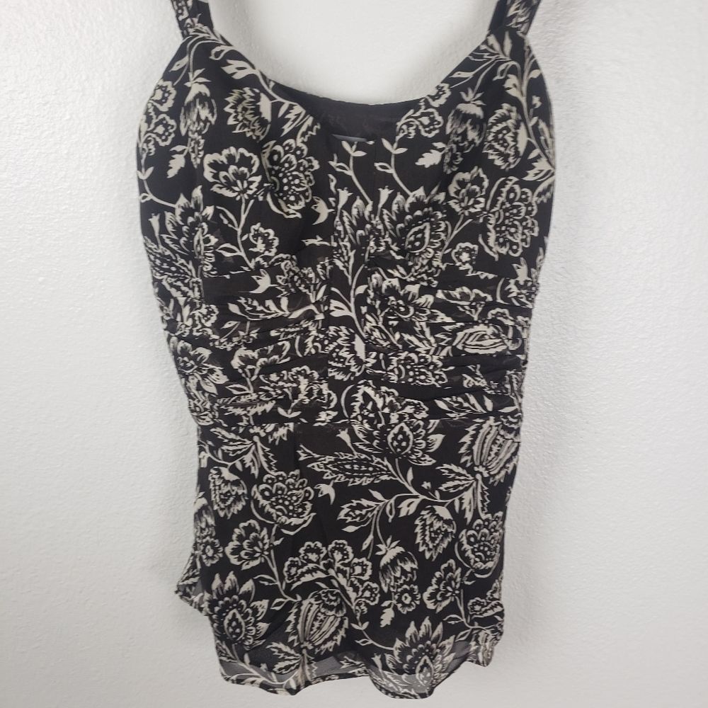 Women's Ann Taylor Brown Chiffon Floral Ruched Business Casual Attire Size 02 - Picture 10 of 11